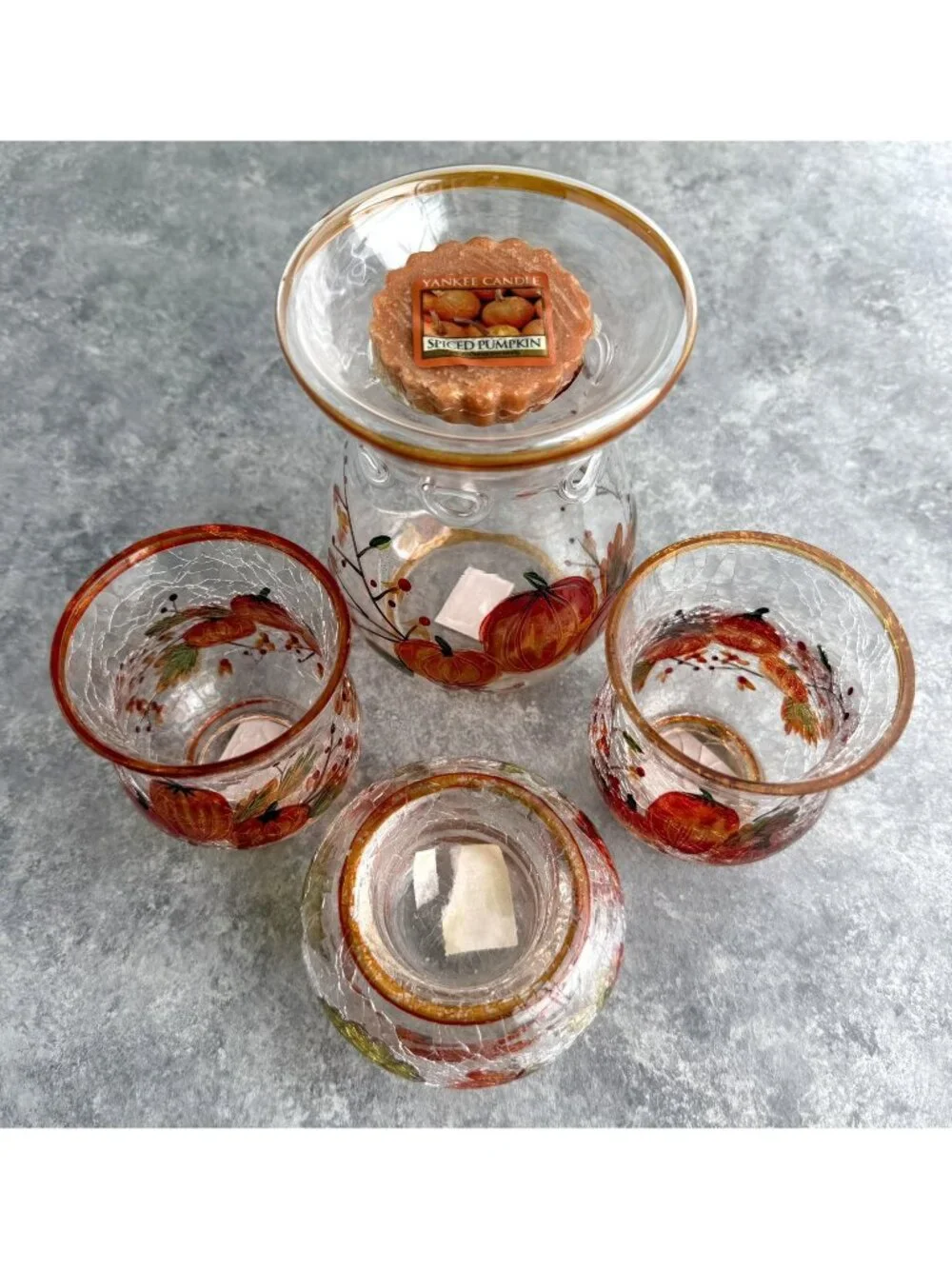 4 Yankee Candle Crackle Glass Pumpkin Candle Holders Halloween Autumn Fall Set